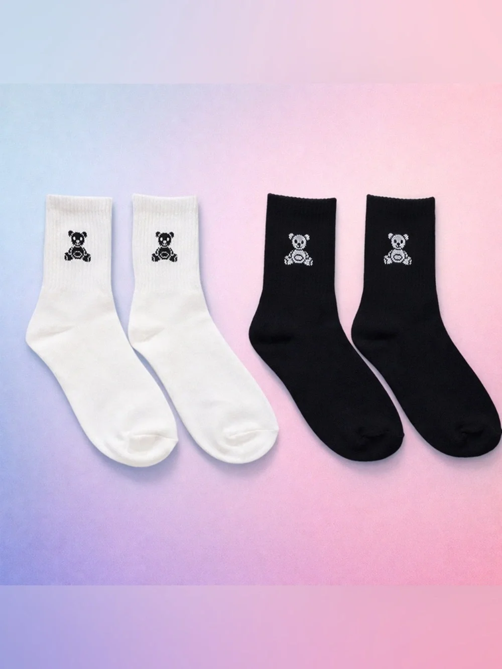 NWT Zenana White & Black Teddy Bear Crew Socks Minimal Cozy Aesthetic One Size